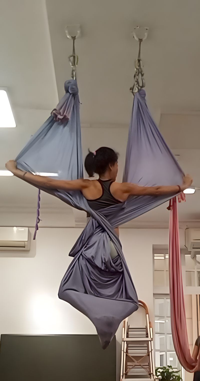 Elizabeth in an aerial yoga pose, arms spread in the silks